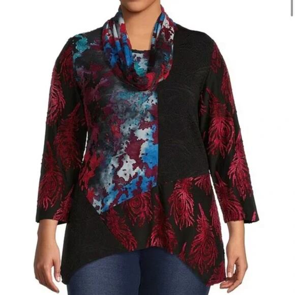 New Calessa Patchwork Tie Dye Burnout Asymmetrical Tunic Shirt Plus Size 2X - Picture 1 of 7